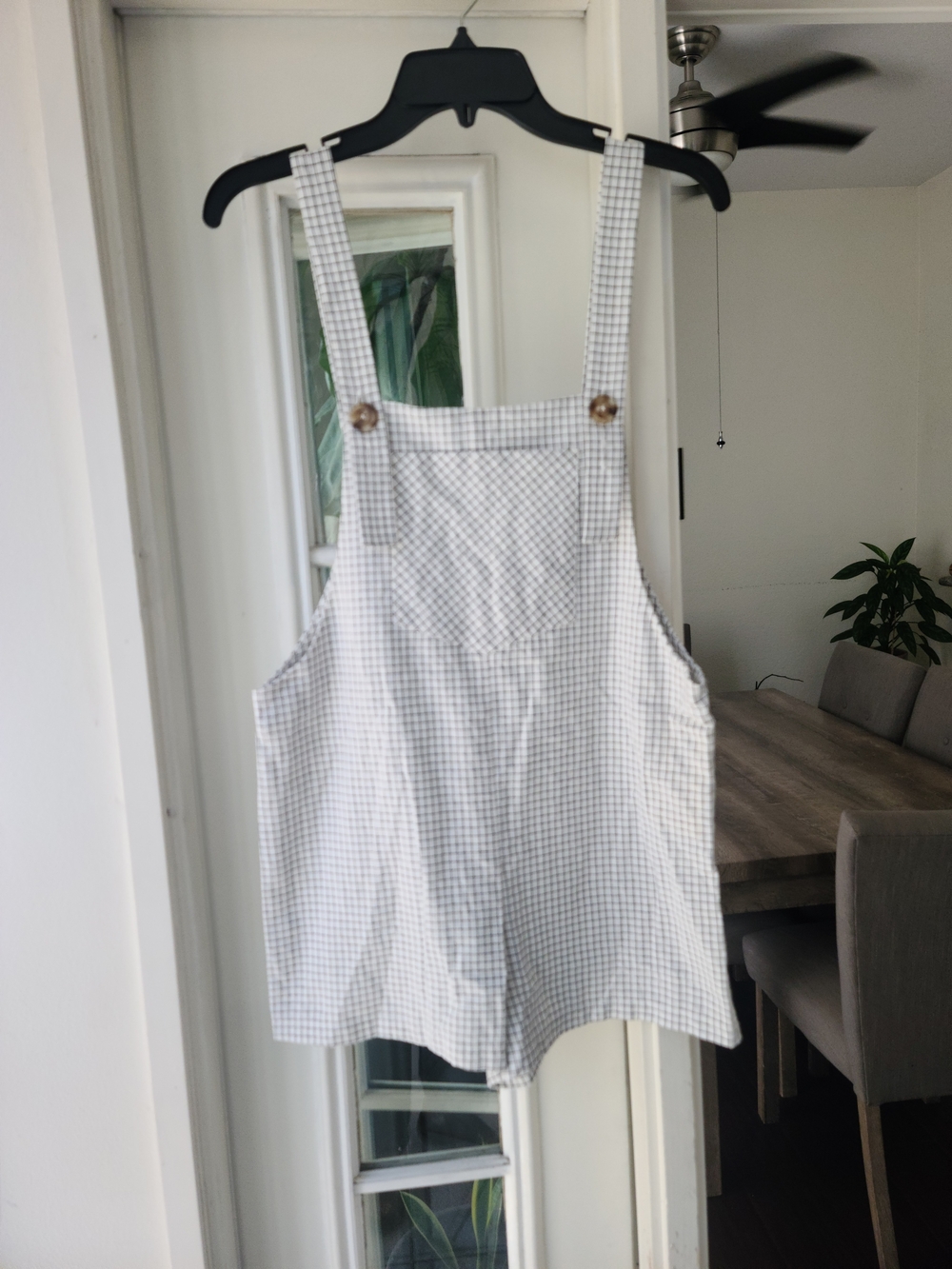 Double Zero White and Gray Checked Short Overalls